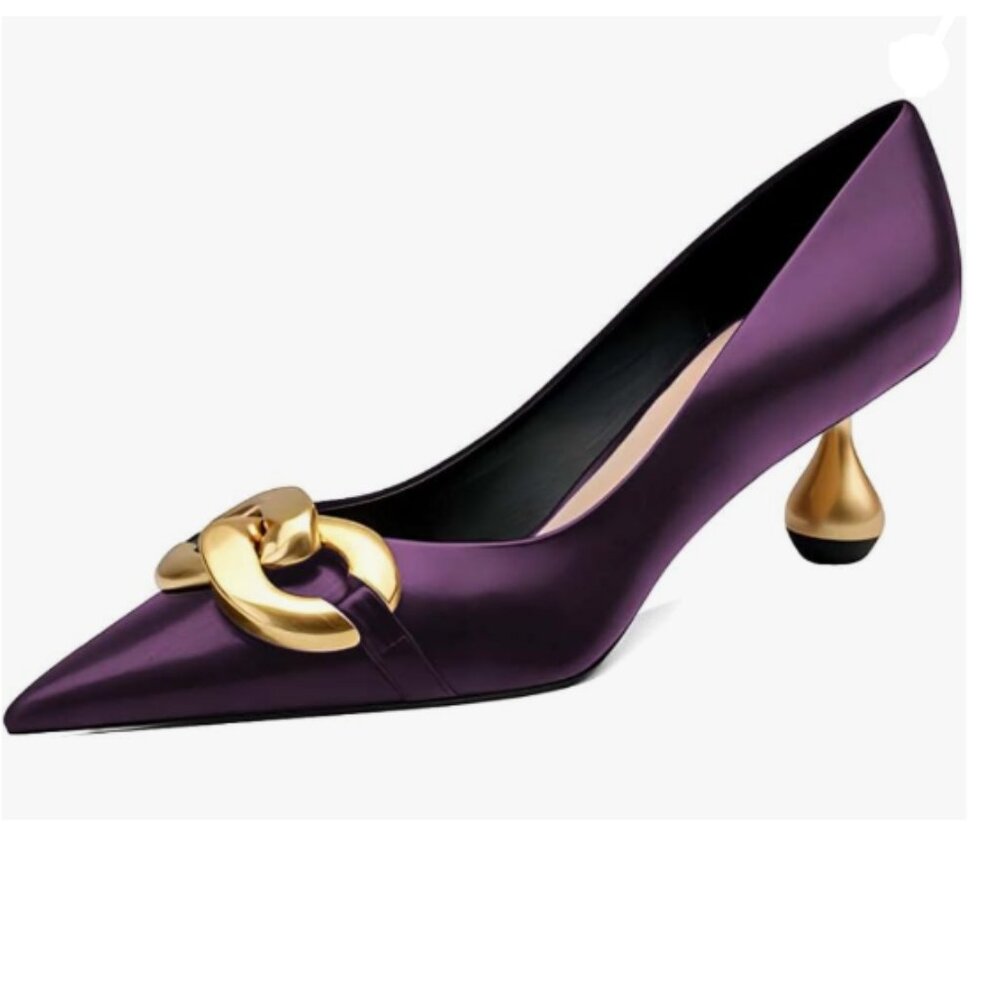 XYD Purple Low Heel Pointed Toe Pumps with Metal Chain Solid Golden Heeled Shoes